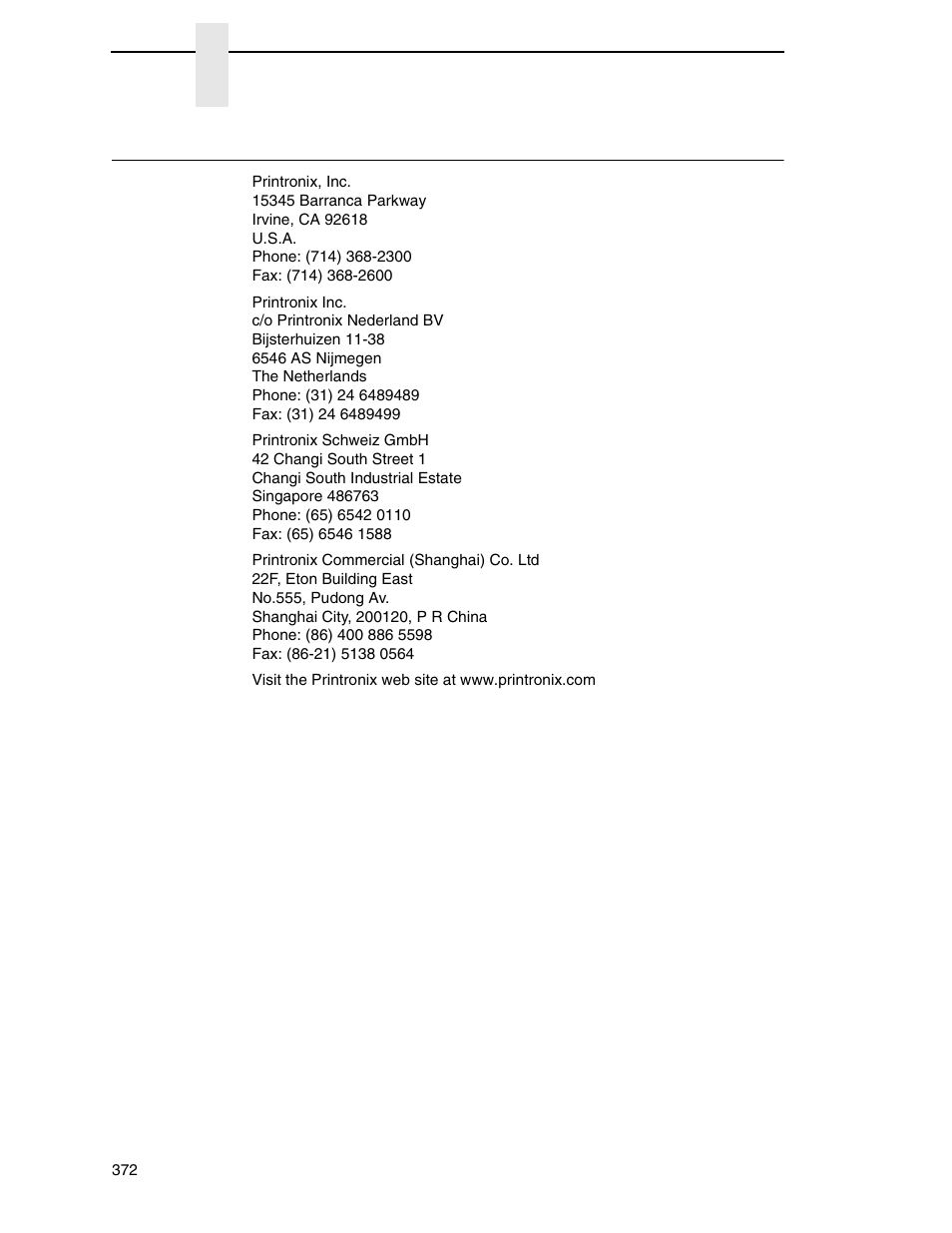 Corporate offices | Printronix P8000 Series Cartridge Ribbon Printer User Manual | Page 372 / 414