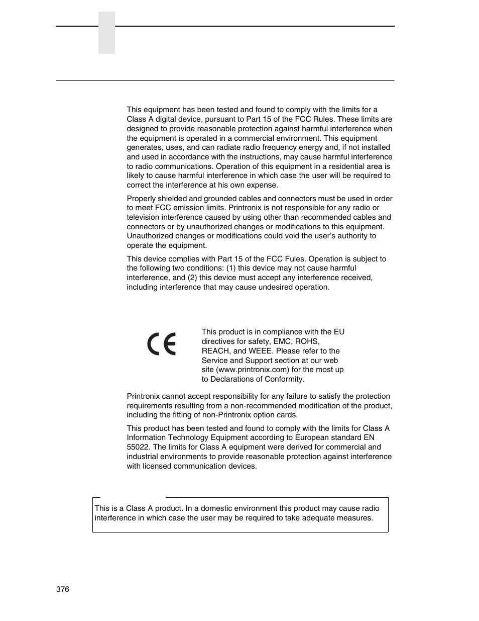 Communication statements | Printronix P8000 Series Cartridge Ribbon Printer User Manual | Page 376 / 414