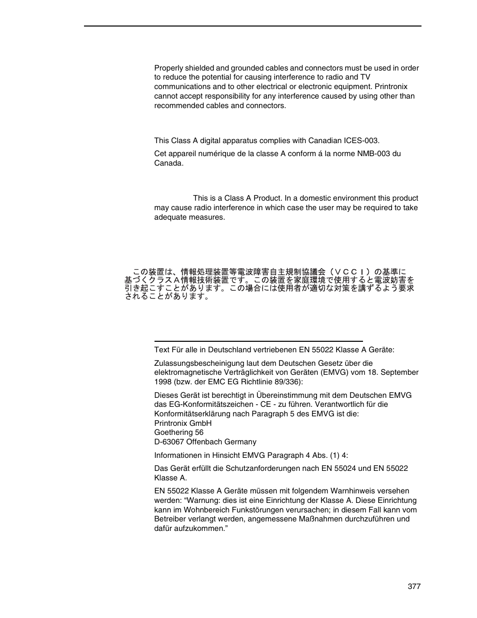 Industry canada compliance statement, Statement of cispr 22 compliance, Japanese vcci class a german conformity statement | Printronix P8000 Series Cartridge Ribbon Printer User Manual | Page 377 / 414