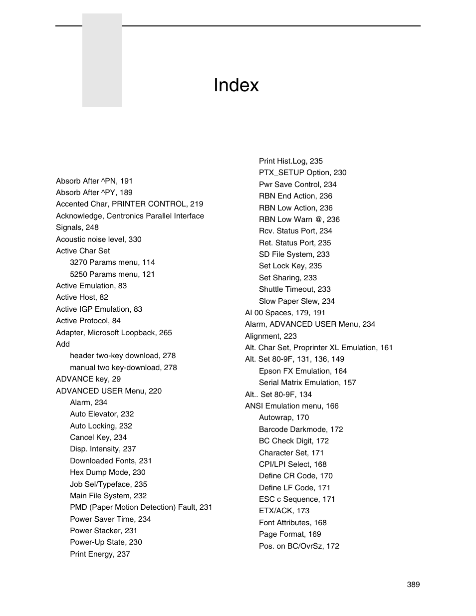 Index | Printronix P8000 Series Cartridge Ribbon Printer User Manual | Page 389 / 414