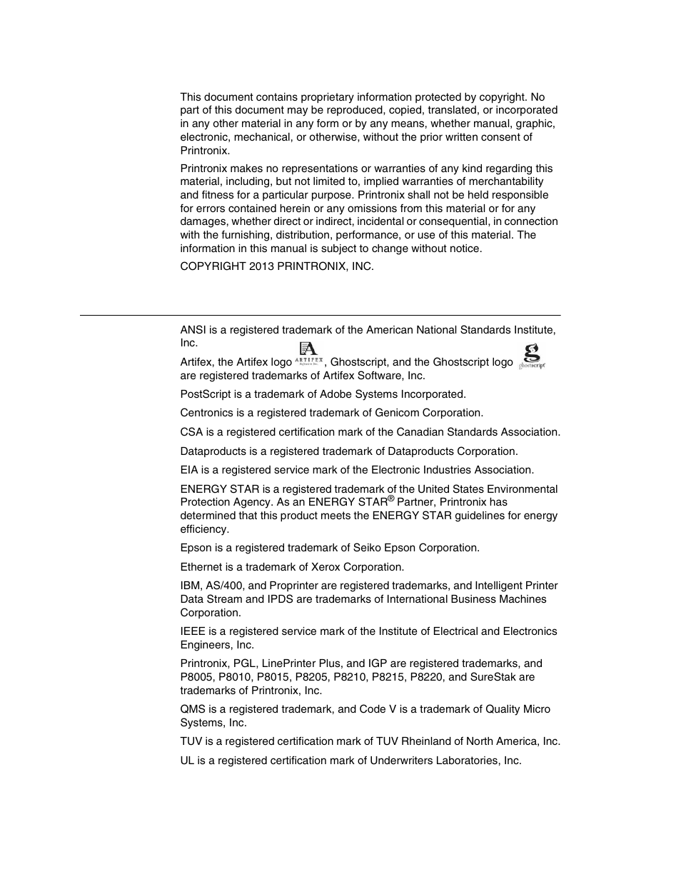 Trademark acknowledgements | Printronix P8000 Series Cartridge Ribbon Printer User Manual | Page 4 / 414