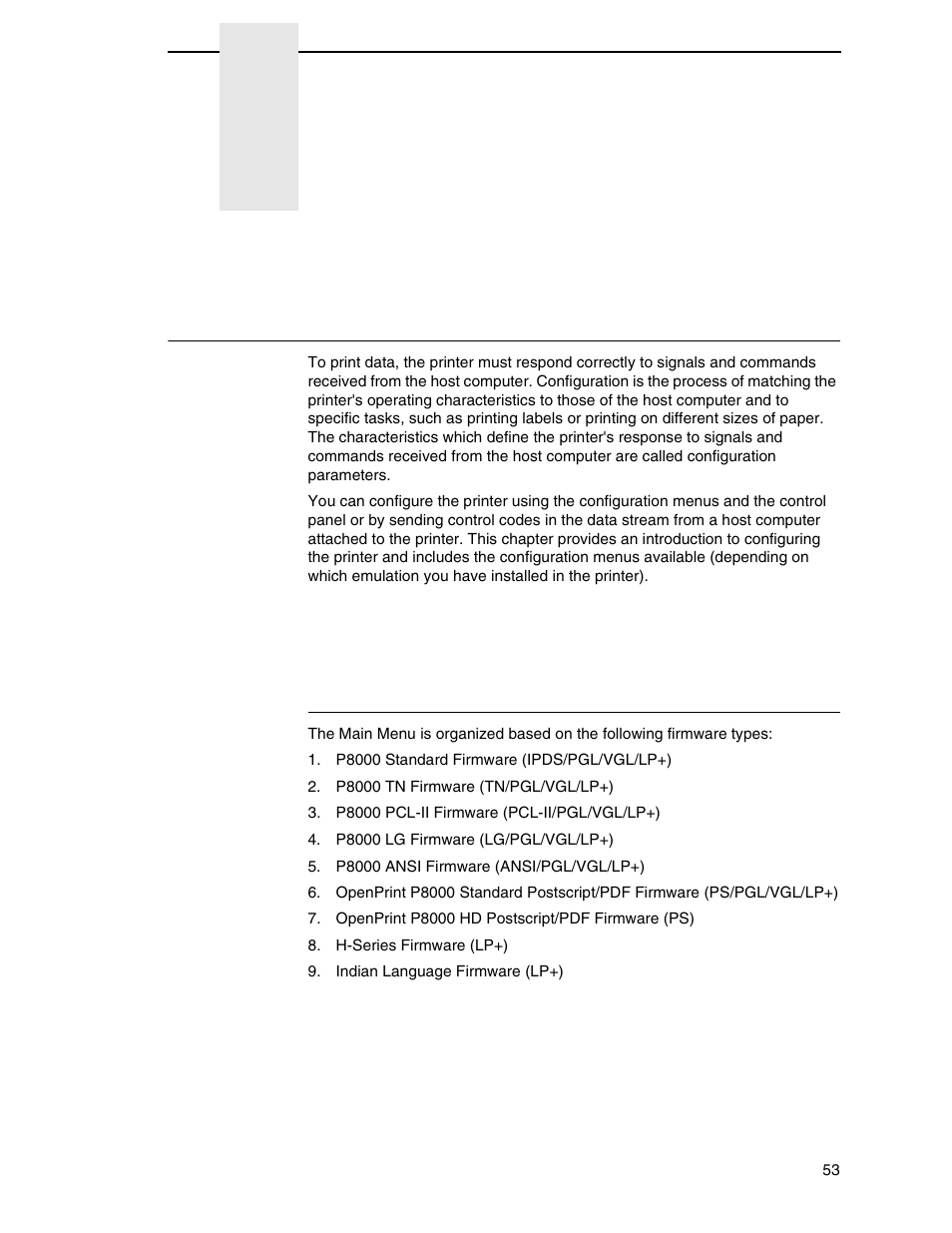 4 the configuration menus, Configuration overview, Main menu | The configuration menus | Printronix P8000 Series Cartridge Ribbon Printer User Manual | Page 53 / 414