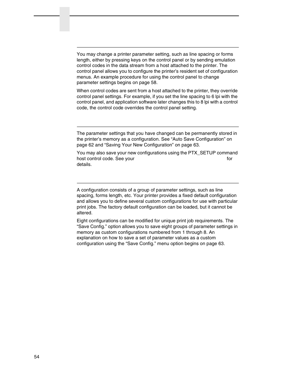 Changing parameter settings, Saving parameter settings, Default and custom configurations | Printronix P8000 Series Cartridge Ribbon Printer User Manual | Page 54 / 414
