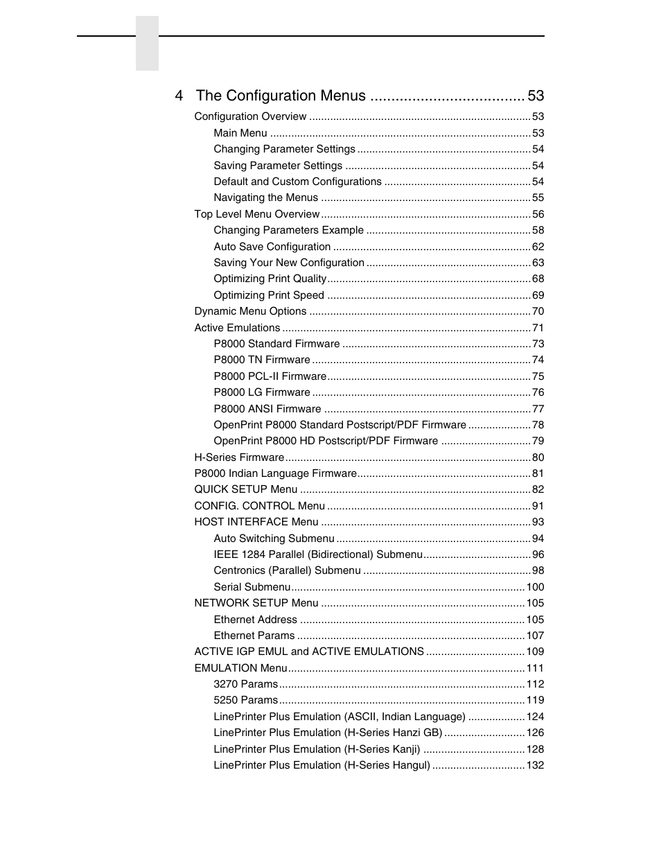 4 the configuration menus | Printronix P8000 Series Cartridge Ribbon Printer User Manual | Page 6 / 414