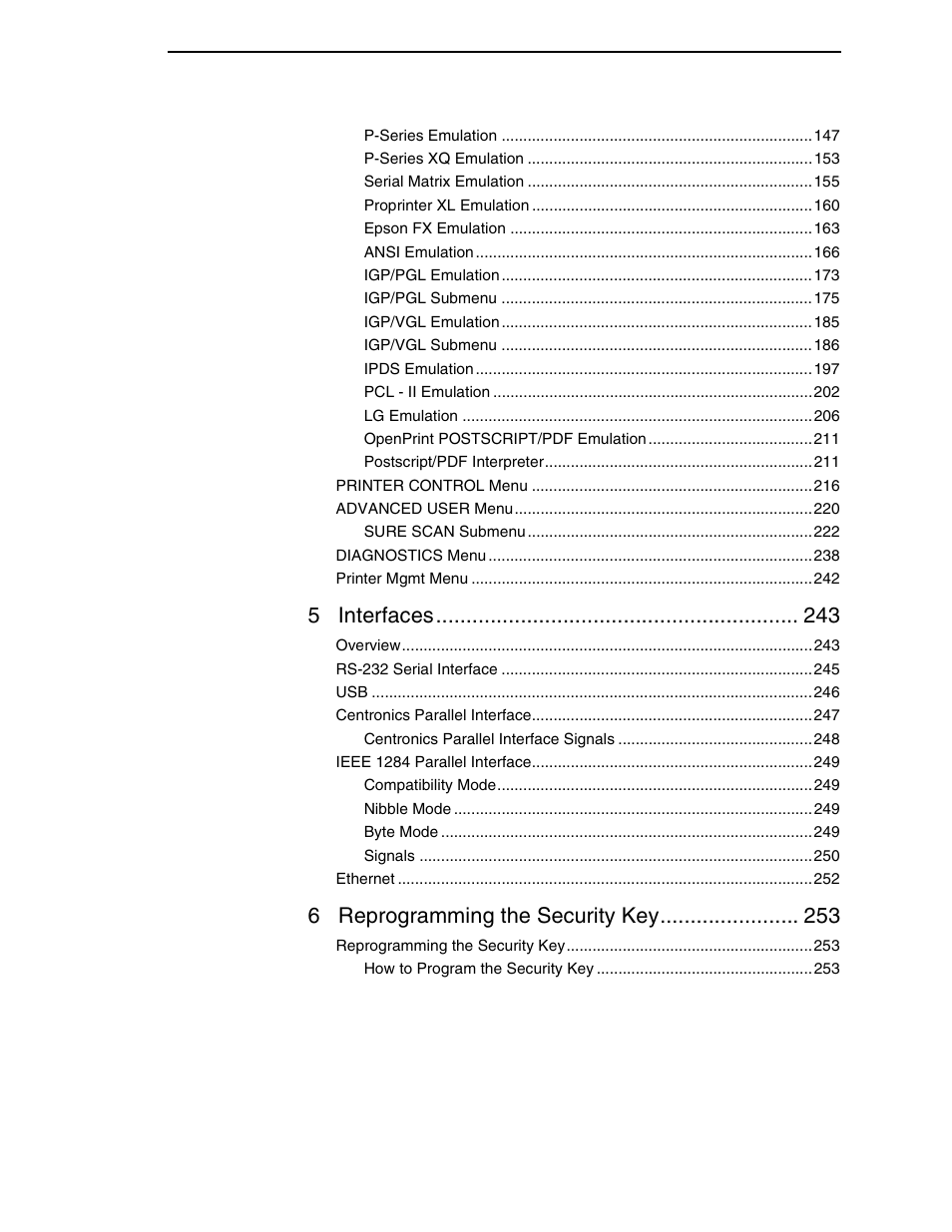 5 interfaces, 6 reprogramming the security key | Printronix P8000 Series Cartridge Ribbon Printer User Manual | Page 7 / 414