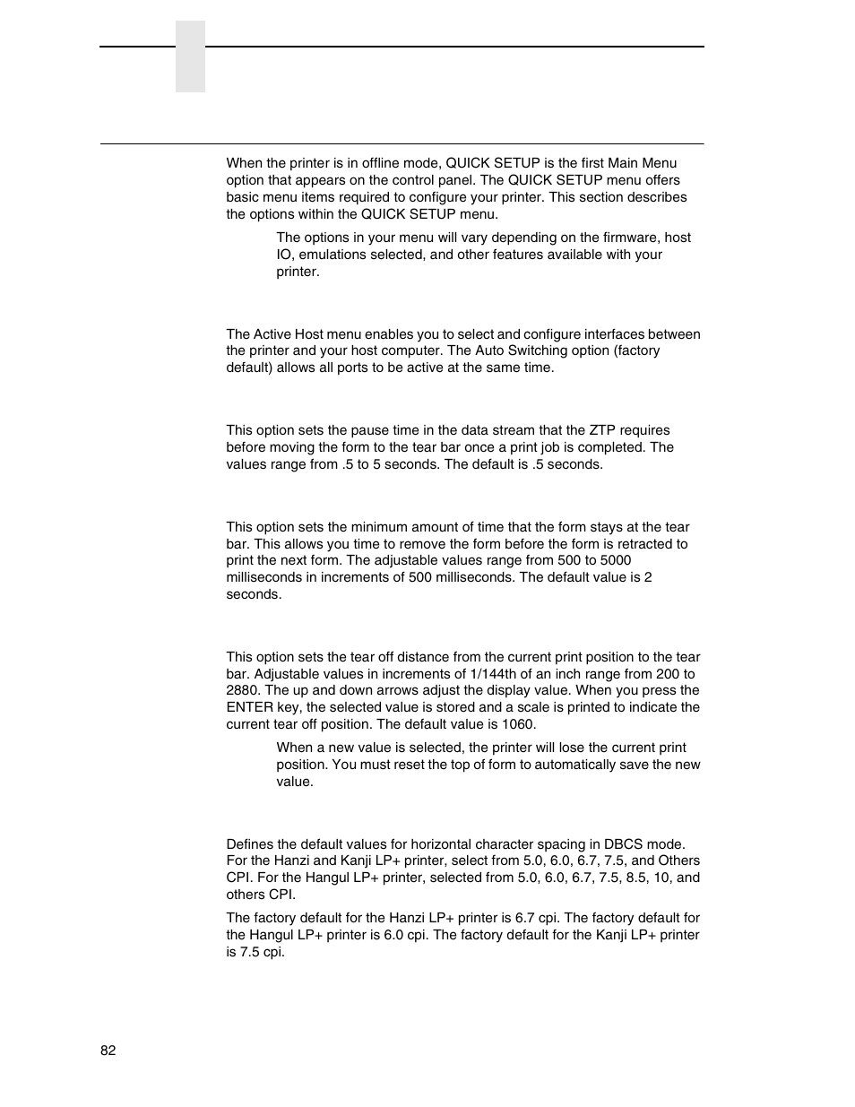 Quick setup menu | Printronix P8000 Series Cartridge Ribbon Printer User Manual | Page 82 / 414