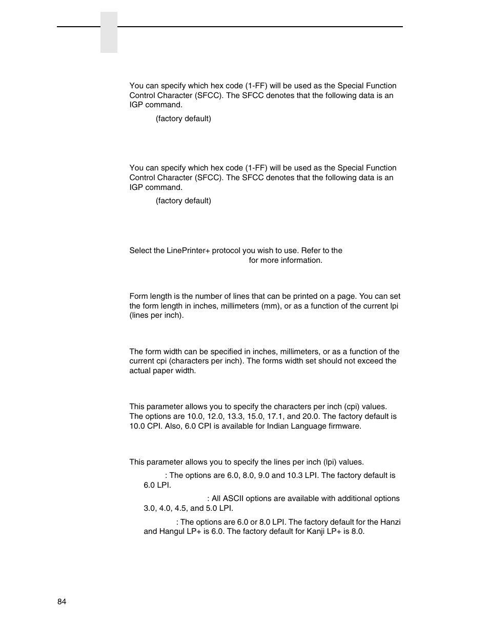 Pgl sfcc, Vgl sfcc, Active protocol | Form length, Form width, Select cpi, Select lpi | Printronix P8000 Series Cartridge Ribbon Printer User Manual | Page 84 / 414