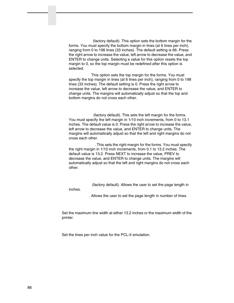 Vert forms (lg), Horiz forms (lg), Page length rep (pcl-ii) | Max line width (pcl-ii), Lpi adjust (pcl-ii) | Printronix P8000 Series Cartridge Ribbon Printer User Manual | Page 86 / 414