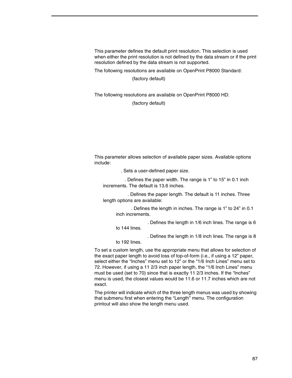 Resolution (openprint), Paper size (openprint) | Printronix P8000 Series Cartridge Ribbon Printer User Manual | Page 87 / 414