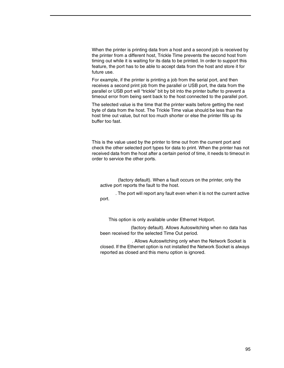 Trickle time, Timeout, Report status | Switch out on | Printronix P8000 Series Cartridge Ribbon Printer User Manual | Page 95 / 414