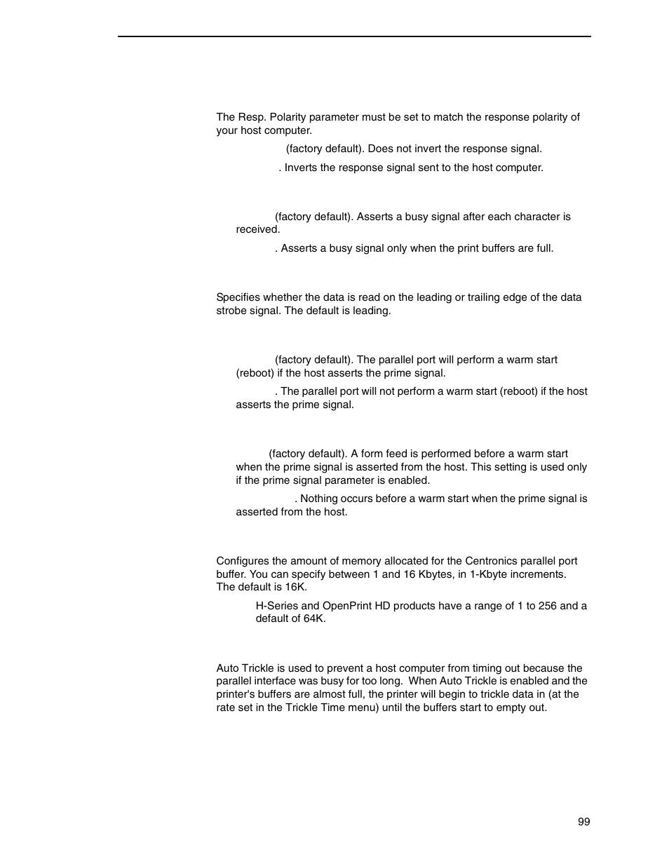 Resp. polarity, Busy on strobe, Latch data on | Prime signal, Tof action, Buffer size in k, Auto trickle | Printronix P8000 Series Cartridge Ribbon Printer User Manual | Page 99 / 414