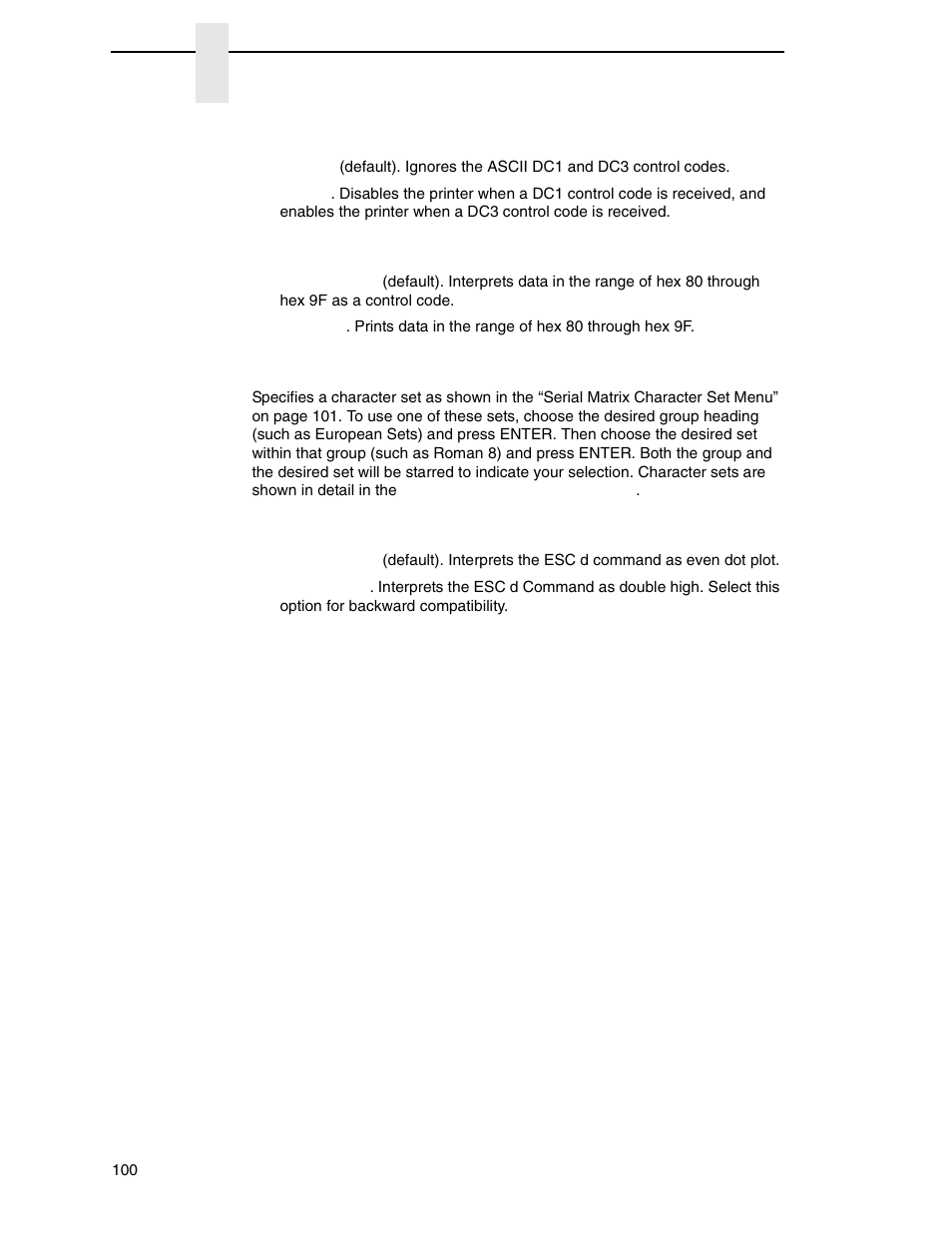 Printer select, Alt. set 80-9f, Character set | Esc d command | Printronix N7000 H-Series Cartridge Ribbon Printer User Manual | Page 100 / 292