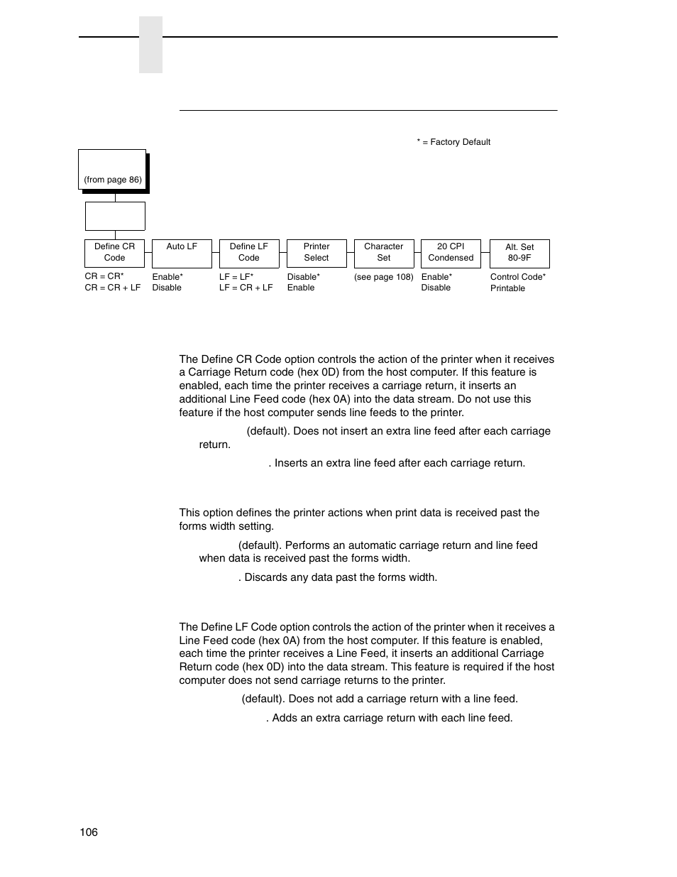 Epson fx emulation, Define cr code, Auto lf | Define lf code, Chapter 4 | Printronix N7000 H-Series Cartridge Ribbon Printer User Manual | Page 106 / 292