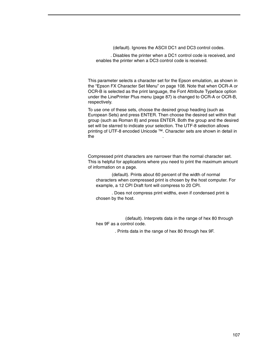 Printer select, Character set, 20 cpi condensed | Alt. set 80-9f | Printronix N7000 H-Series Cartridge Ribbon Printer User Manual | Page 107 / 292
