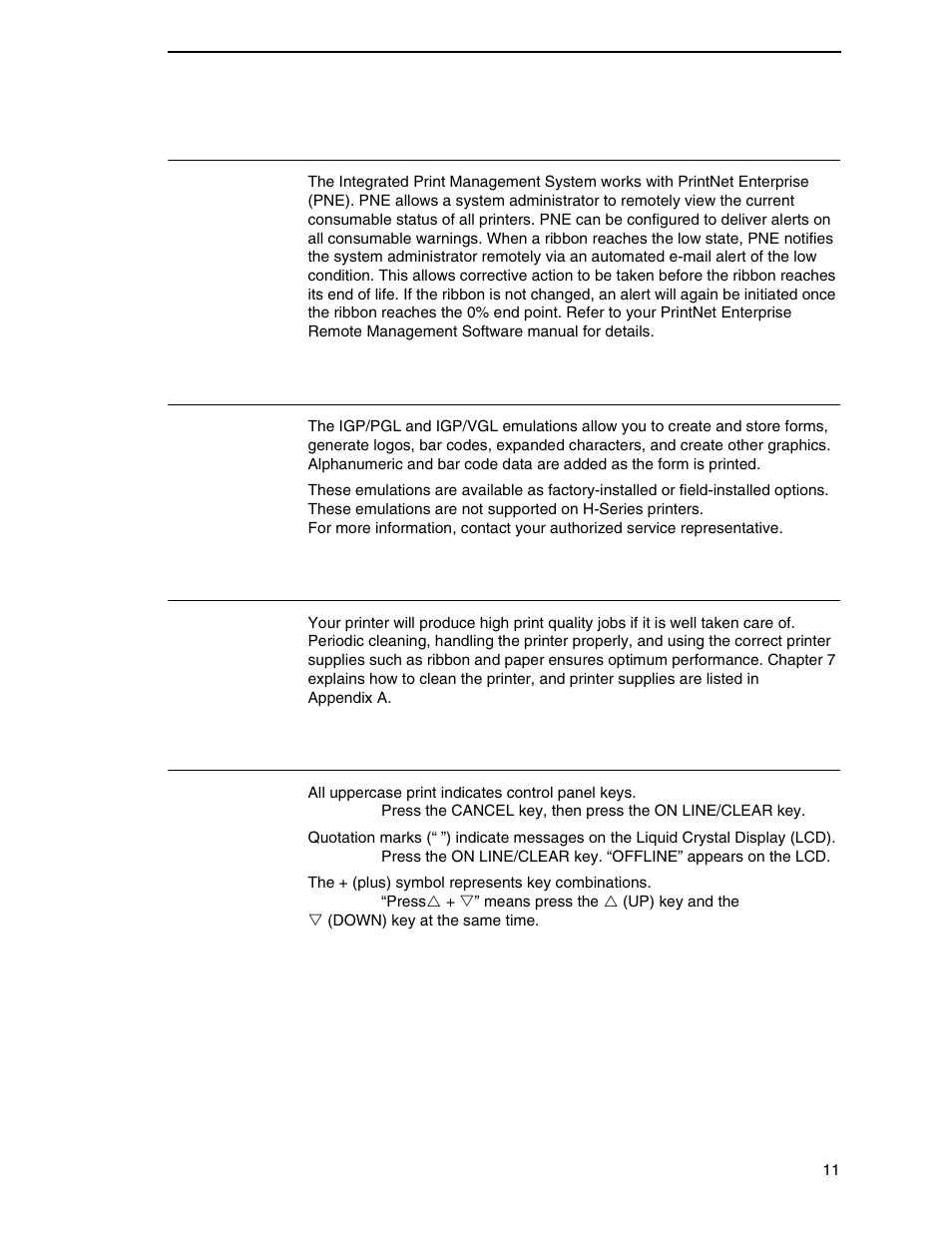 Consumable monitoring with printnet enterprise, Graphics enhancements, Taking care of your printer | Conventions in this manual | Printronix N7000 H-Series Cartridge Ribbon Printer User Manual | Page 11 / 292