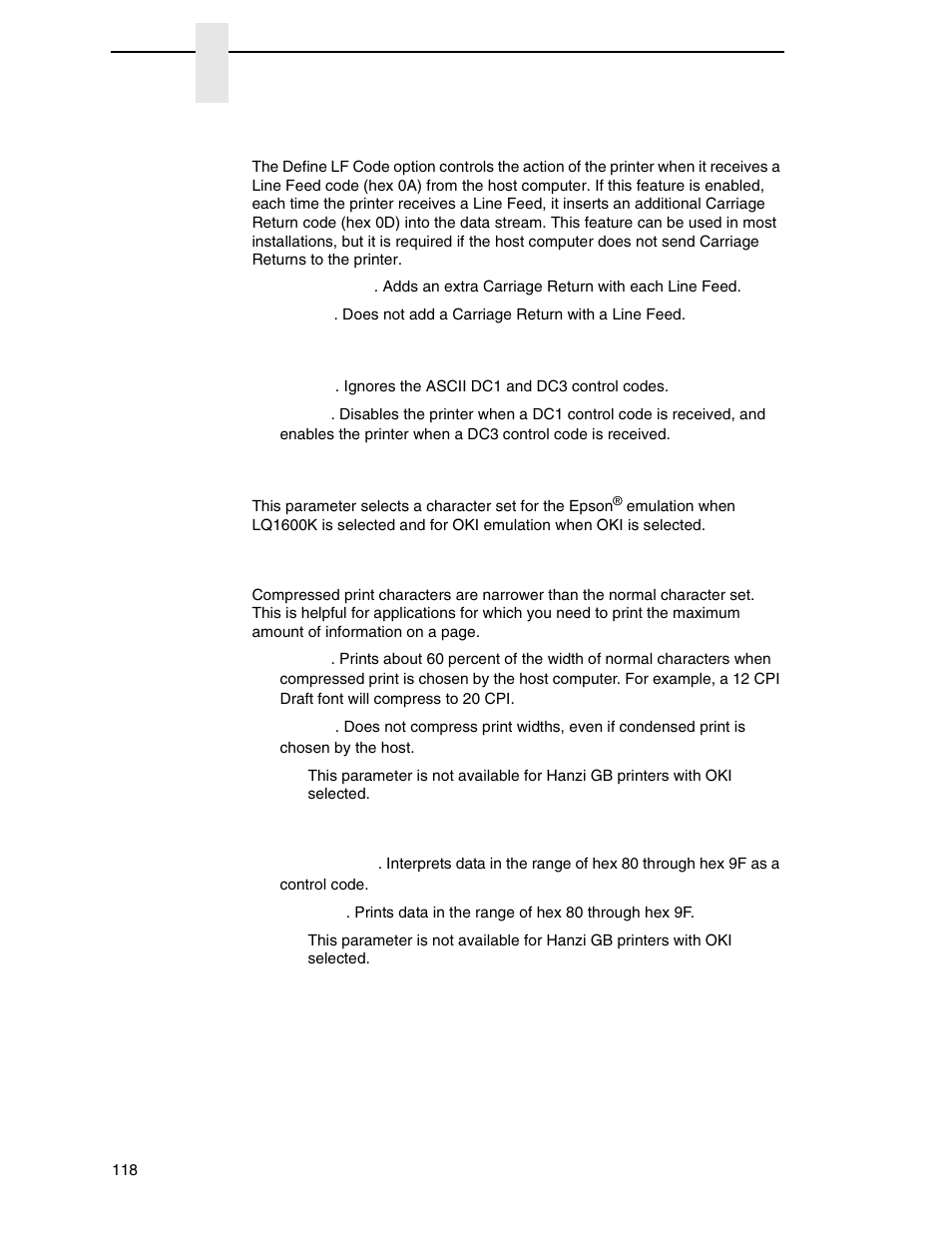 Define lf code, Printer select, Character set | 20 cpi condensed, Alt. set 80-9f | Printronix N7000 H-Series Cartridge Ribbon Printer User Manual | Page 118 / 292
