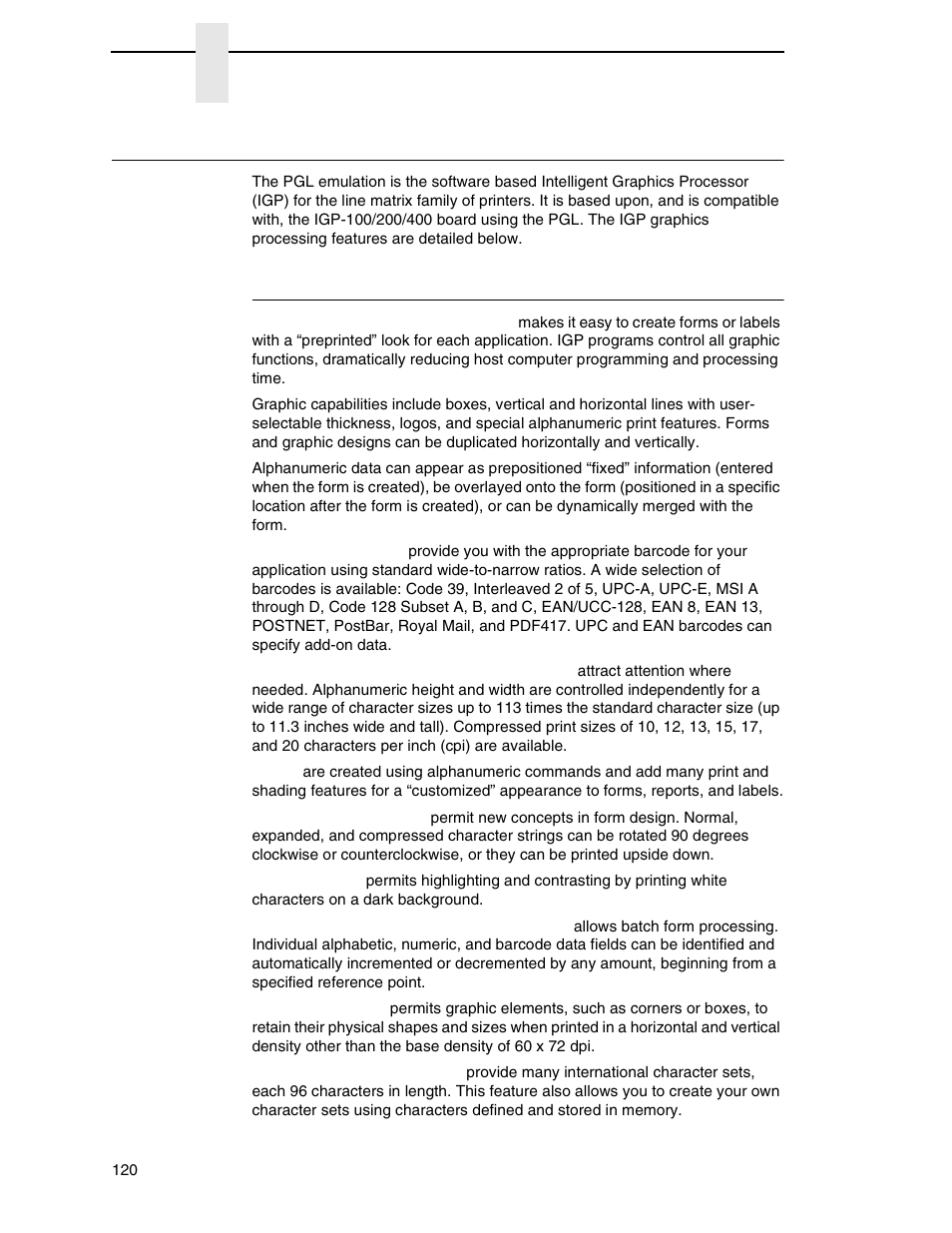 Igp/pgl emulation, Features | Printronix N7000 H-Series Cartridge Ribbon Printer User Manual | Page 120 / 292