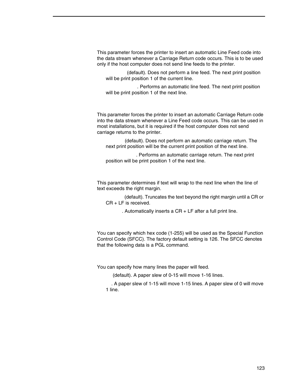 Define cr (carriage return) code, Define lf (line feed) code, Autowrap | Pgl sfcc, Pi slew range | Printronix N7000 H-Series Cartridge Ribbon Printer User Manual | Page 123 / 292