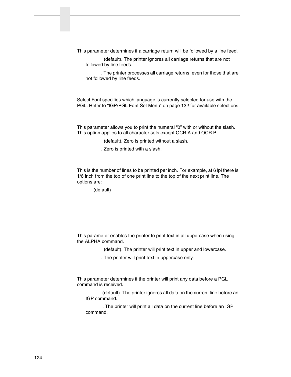 Cr edit, Select font, Slash 0 | Select lpi, Auto uppercase, Skip cmd prefix | Printronix N7000 H-Series Cartridge Ribbon Printer User Manual | Page 124 / 292