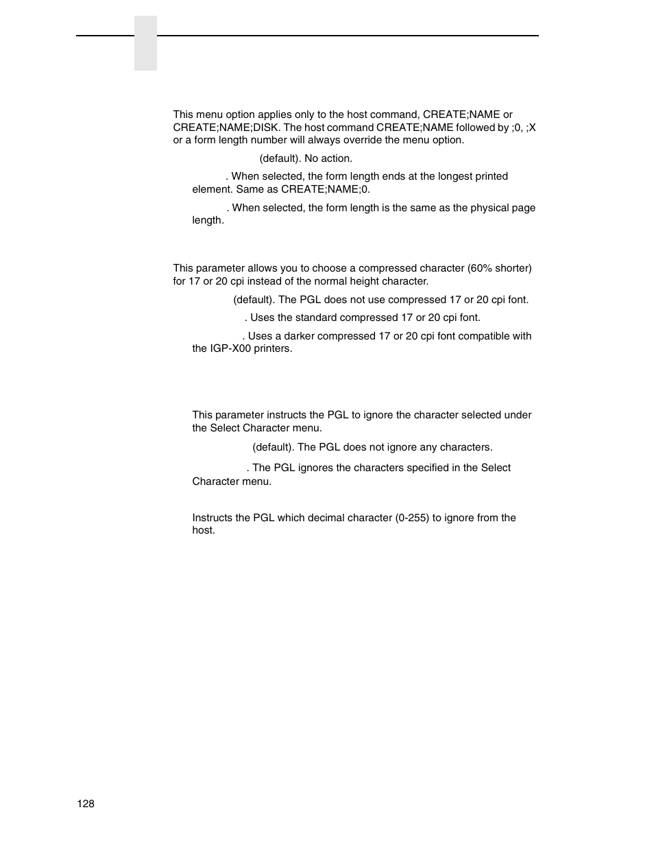 Var form type, Compressed cpi, Ignore char | Printronix N7000 H-Series Cartridge Ribbon Printer User Manual | Page 128 / 292