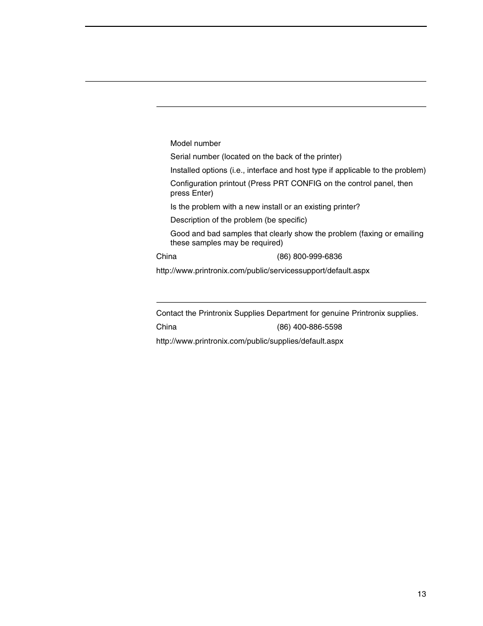 Contact information, Printronix customer support center, Printronix supplies department | Printronix N7000 H-Series Cartridge Ribbon Printer User Manual | Page 13 / 292
