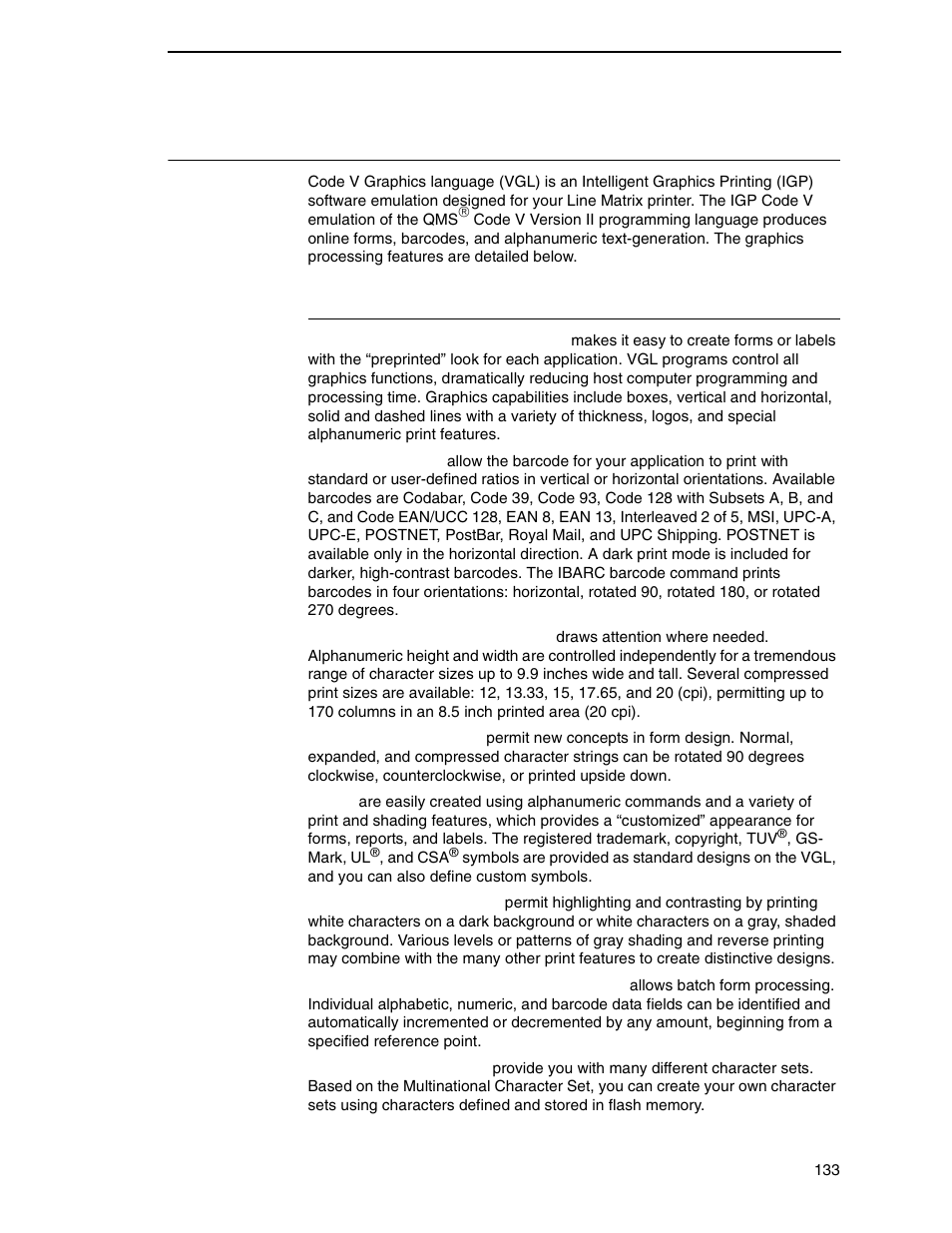 Igp/vgl emulation, Features | Printronix N7000 H-Series Cartridge Ribbon Printer User Manual | Page 133 / 292