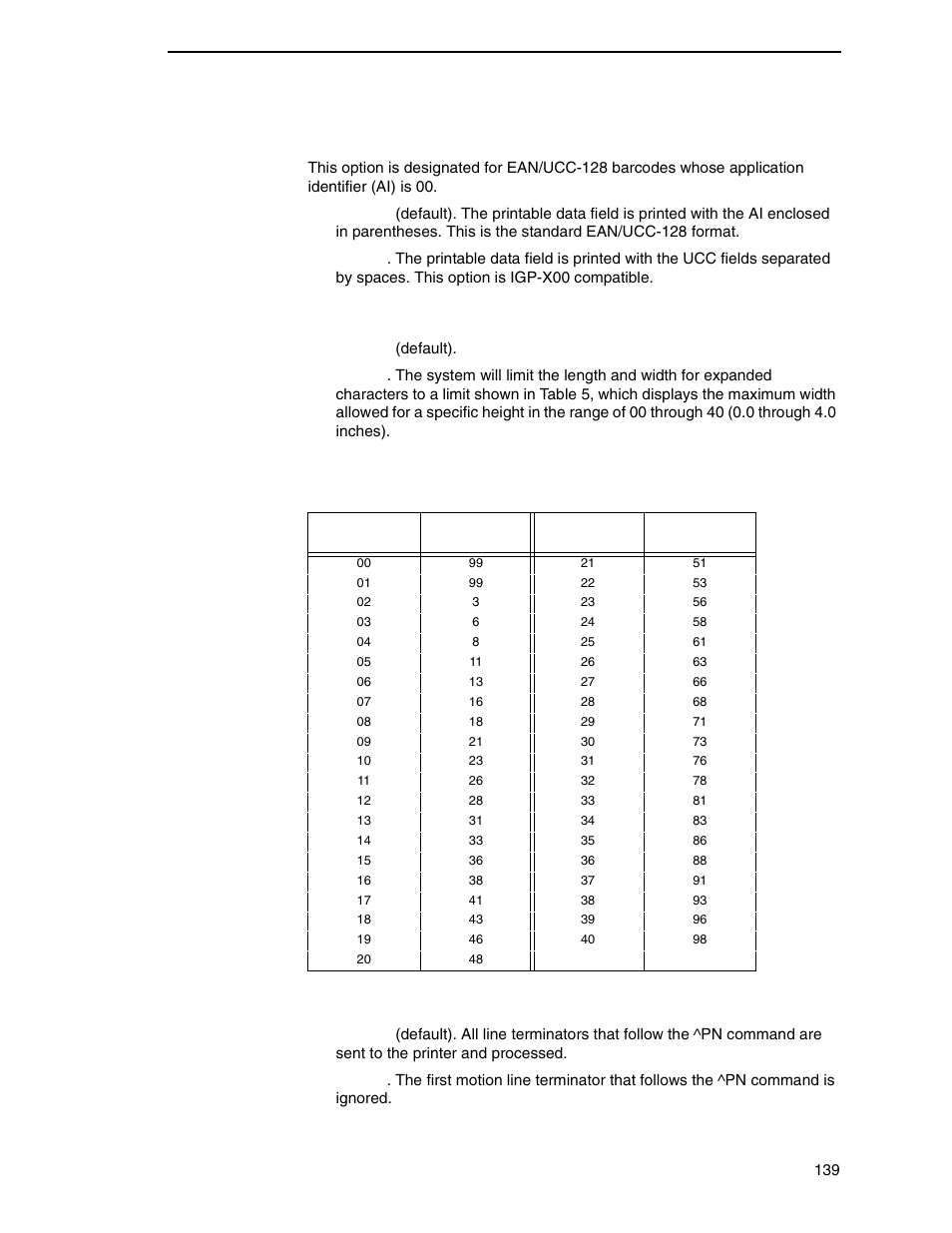 Ai 00 spaces, Width limit, Absorb after ^pn | Printronix N7000 H-Series Cartridge Ribbon Printer User Manual | Page 139 / 292