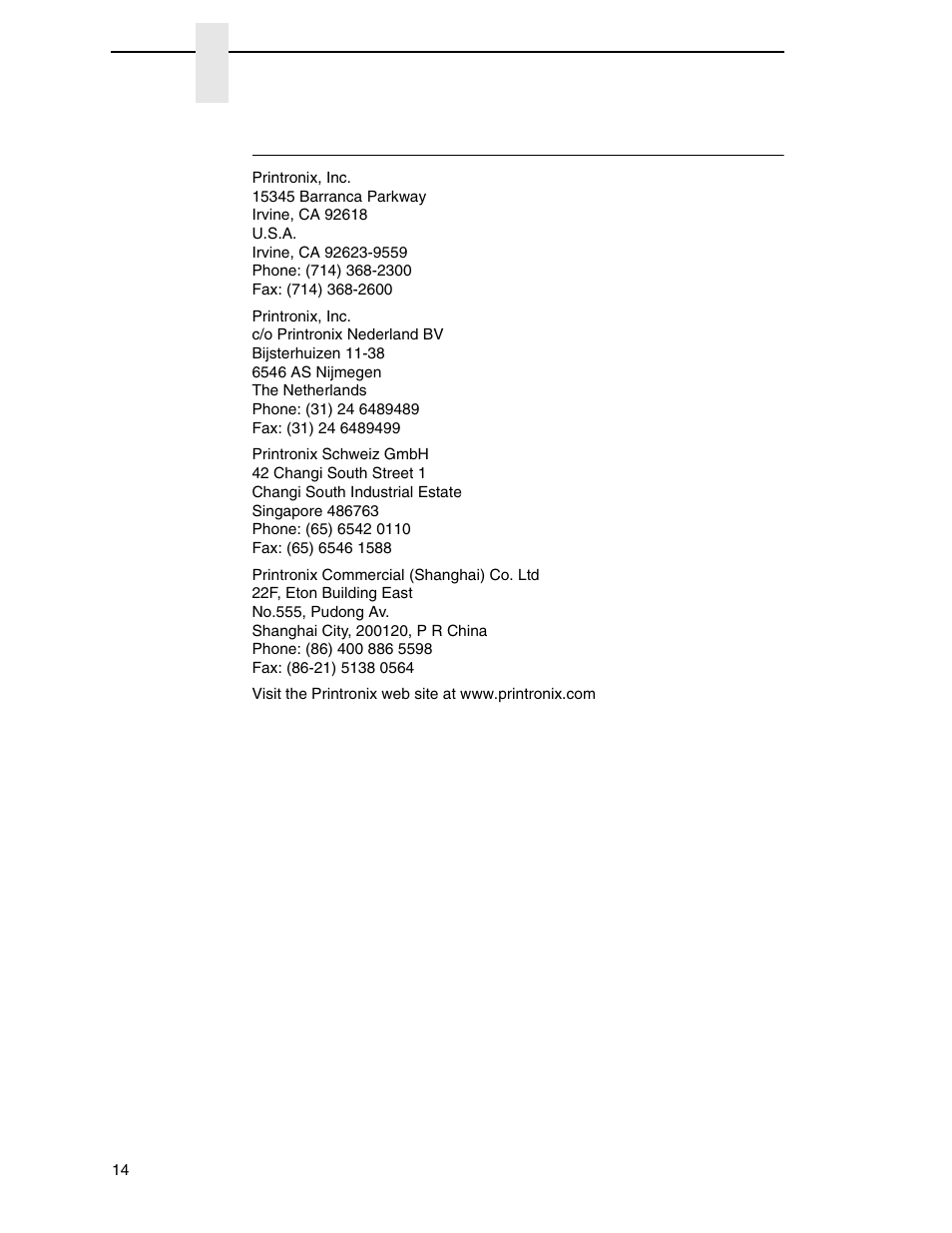 Corporate offices | Printronix N7000 H-Series Cartridge Ribbon Printer User Manual | Page 14 / 292