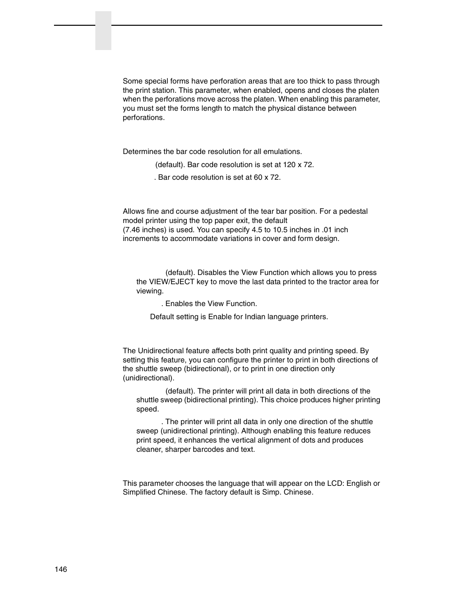 Open platen @ bof (bottom of form), Bar code quality, Tear bar dist. (distance) | View function, Unidirectional, Display language | Printronix N7000 H-Series Cartridge Ribbon Printer User Manual | Page 146 / 292