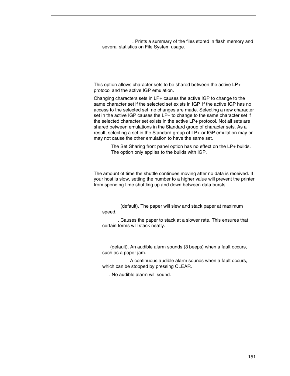 Set sharing, Shuttle timeout, Slow paper slew | Alarm | Printronix N7000 H-Series Cartridge Ribbon Printer User Manual | Page 151 / 292