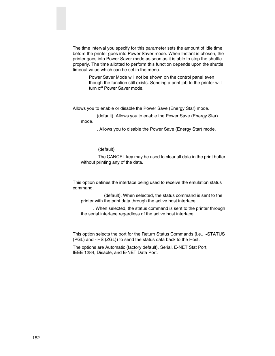 Power saver time, Pwr save control, Cancel key | Rcv. status port, Ret. status port | Printronix N7000 H-Series Cartridge Ribbon Printer User Manual | Page 152 / 292