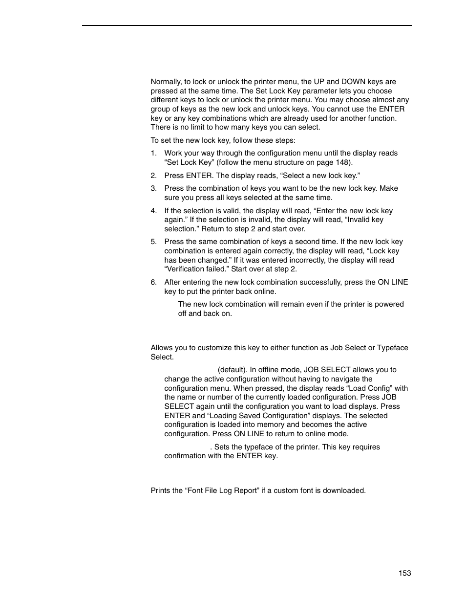 Set lock key, Job sel/typeface on, Print hist. log | Printronix N7000 H-Series Cartridge Ribbon Printer User Manual | Page 153 / 292