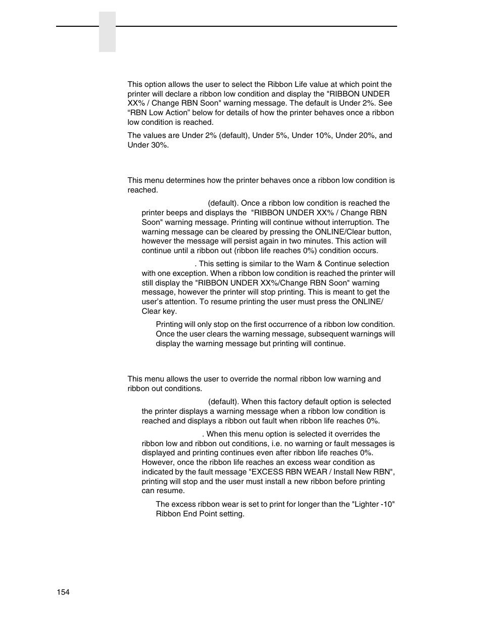 Rbn low warn, Rbn low action, Rbn end action | Printronix N7000 H-Series Cartridge Ribbon Printer User Manual | Page 154 / 292