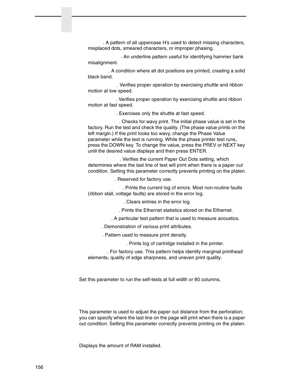 Test width, Paper out dots | Printronix N7000 H-Series Cartridge Ribbon Printer User Manual | Page 156 / 292