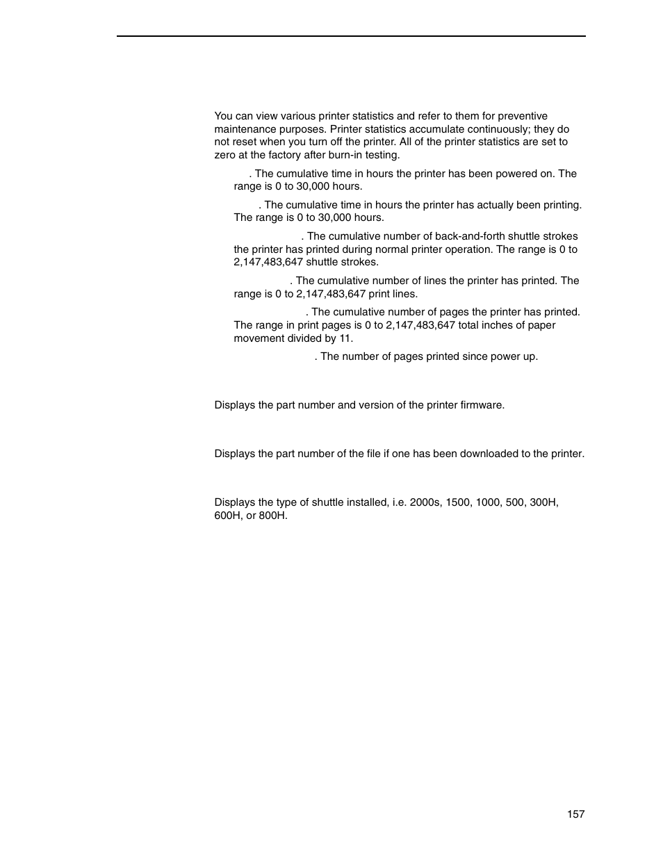 Print statistics, Software build, Feature file | Shuttle type | Printronix N7000 H-Series Cartridge Ribbon Printer User Manual | Page 157 / 292