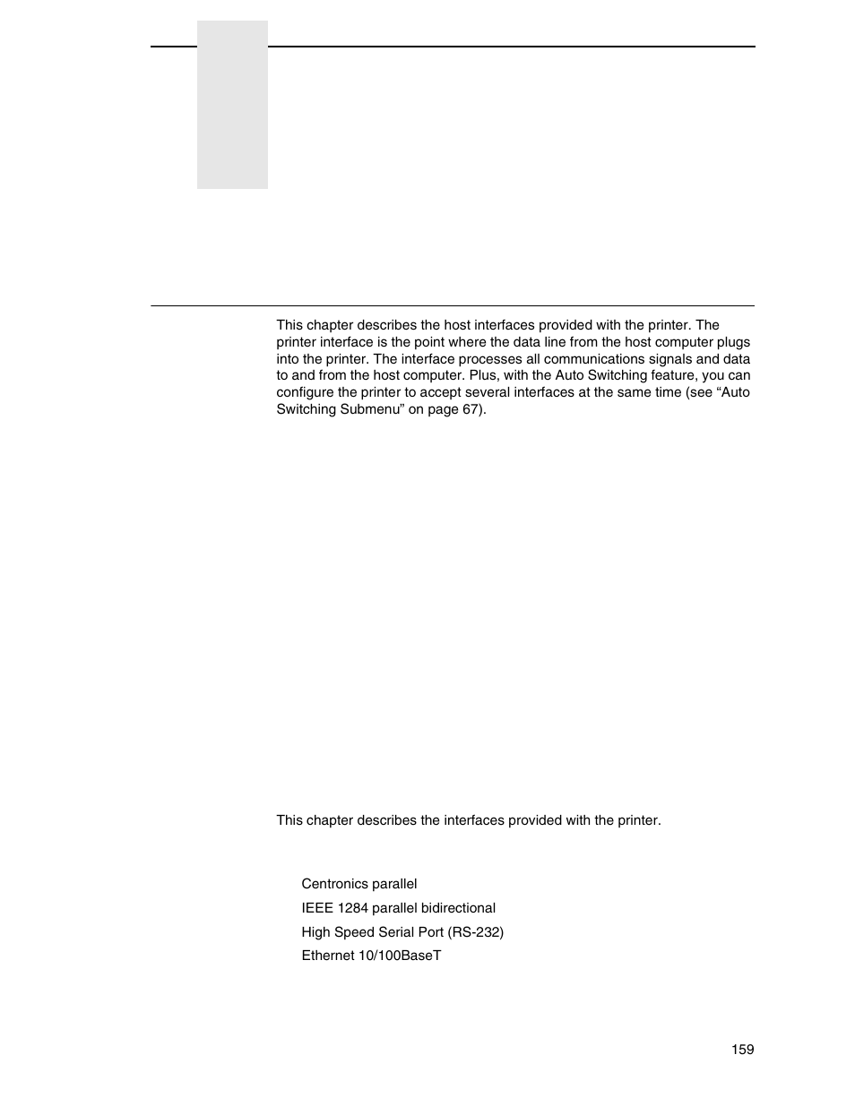 5 interfaces, Overview, Interfaces | Printronix N7000 H-Series Cartridge Ribbon Printer User Manual | Page 159 / 292
