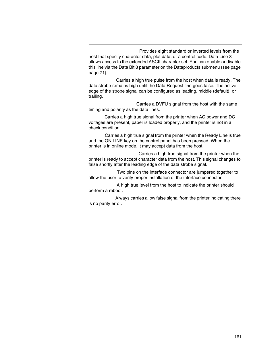Dataproducts parallel interface signals | Printronix N7000 H-Series Cartridge Ribbon Printer User Manual | Page 161 / 292