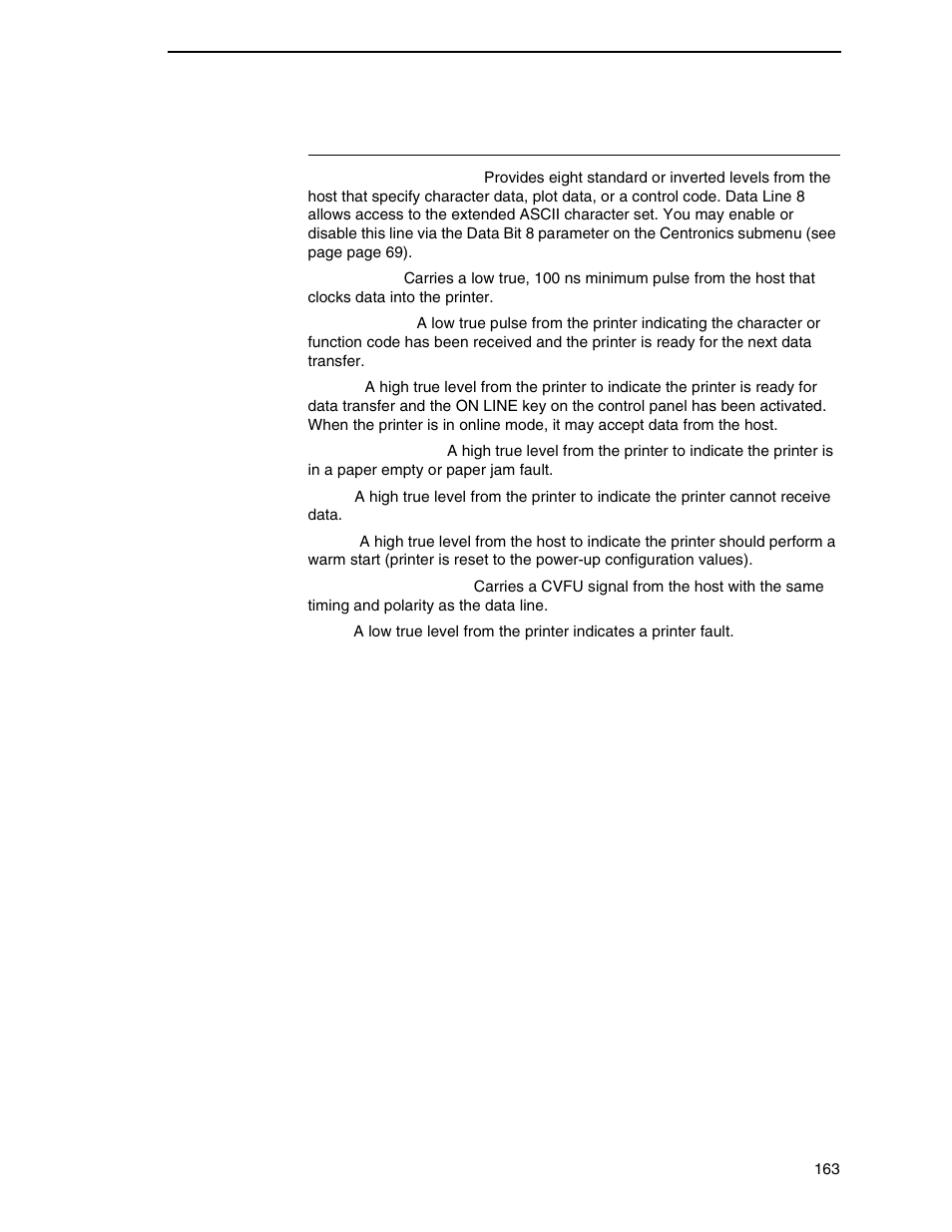 Centronics parallel interface signals | Printronix N7000 H-Series Cartridge Ribbon Printer User Manual | Page 163 / 292