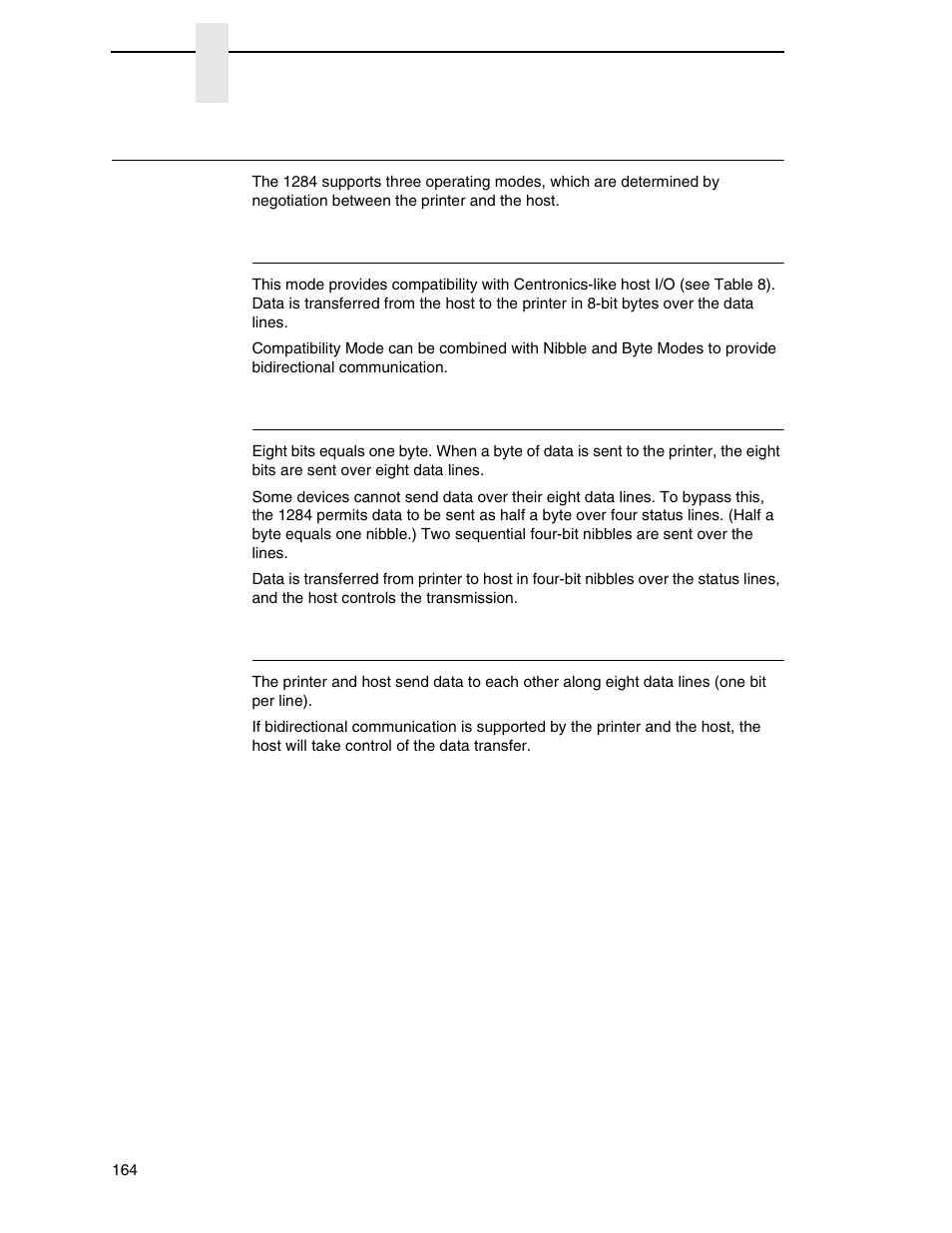 Ieee 1284 parallel interface, Compatibility mode, Nibble mode | Byte mode | Printronix N7000 H-Series Cartridge Ribbon Printer User Manual | Page 164 / 292