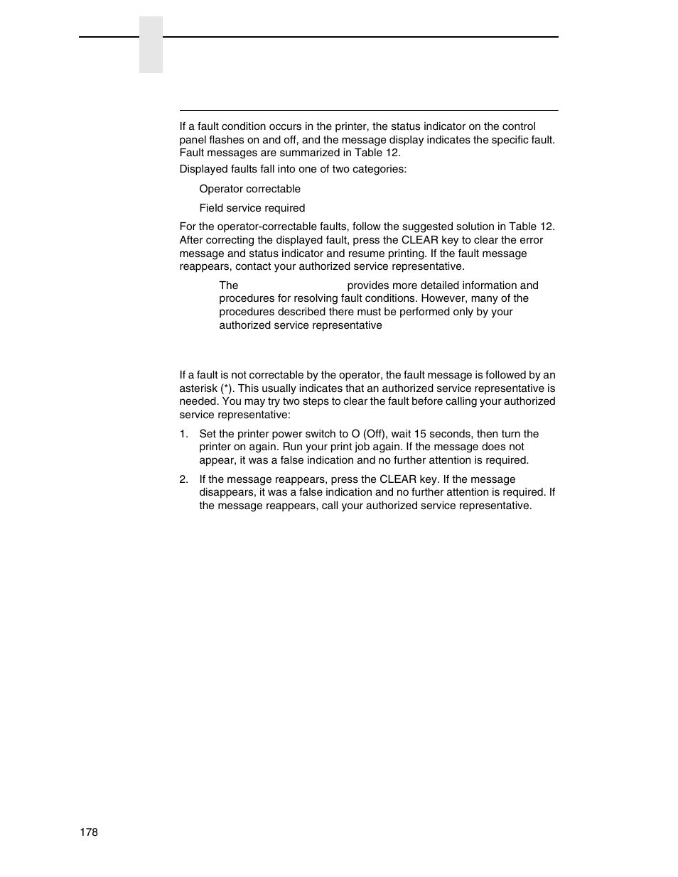 Fault messages, Fault messages requiring field service attention | Printronix N7000 H-Series Cartridge Ribbon Printer User Manual | Page 178 / 292