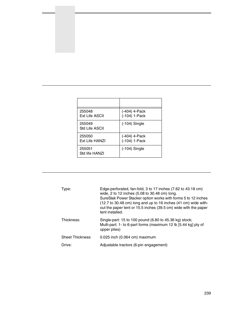 A printer specifications, Ribbon cartridge specifications, Paper specifications | Printer specifications | Printronix N7000 H-Series Cartridge Ribbon Printer User Manual | Page 239 / 292