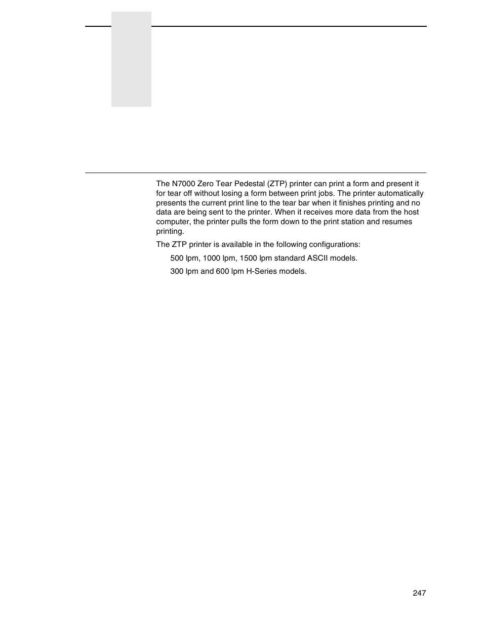 C zero tear pedestal printer, Overview, Zero tear pedestal printer | Printronix N7000 H-Series Cartridge Ribbon Printer User Manual | Page 247 / 292