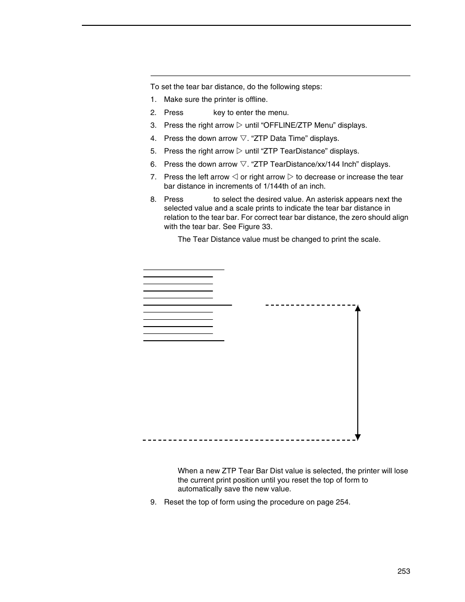 Set the tear bar distance | Printronix N7000 H-Series Cartridge Ribbon Printer User Manual | Page 253 / 292