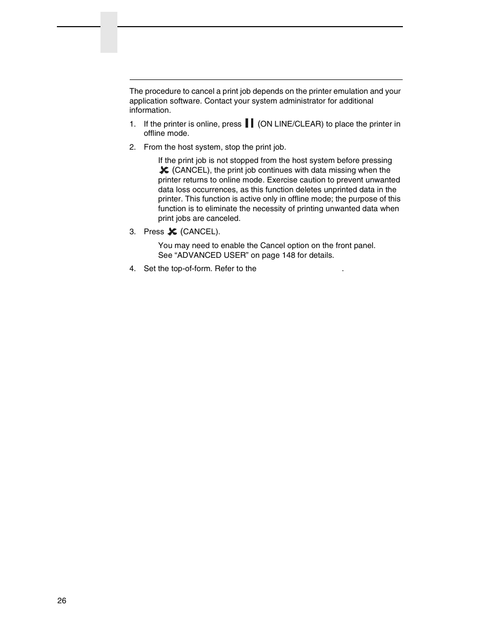 Cancel a print job | Printronix N7000 H-Series Cartridge Ribbon Printer User Manual | Page 26 / 292