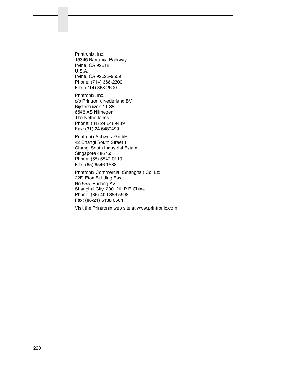 Corporate offices | Printronix N7000 H-Series Cartridge Ribbon Printer User Manual | Page 260 / 292