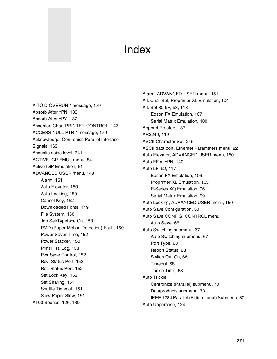 Index | Printronix N7000 H-Series Cartridge Ribbon Printer User Manual | Page 271 / 292