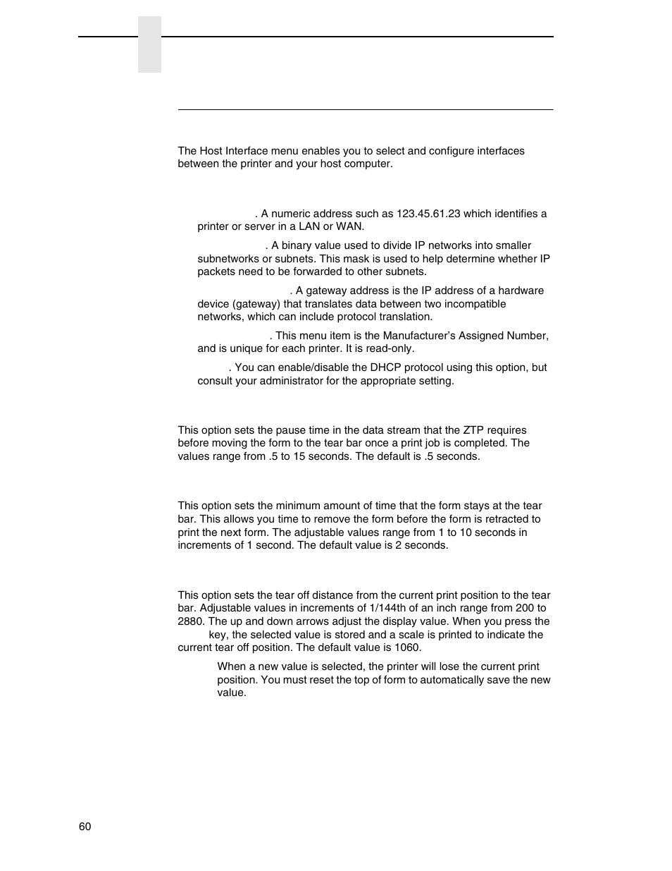 Quick setup menu definitions, Host interface, Ethernet address | Ztp datatime, Ztp waittime, Ztp teardist | Printronix N7000 H-Series Cartridge Ribbon Printer User Manual | Page 60 / 292