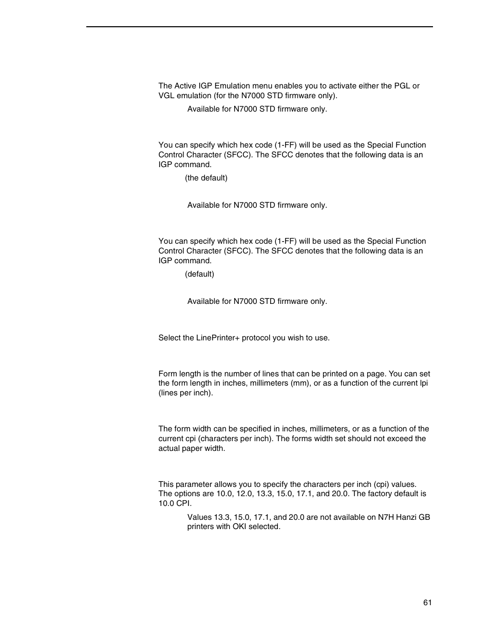 Active igp emulation, Pgl sfcc, Vgl sfcc | Printer protocol, Form length, Form width, Select cpi | Printronix N7000 H-Series Cartridge Ribbon Printer User Manual | Page 61 / 292