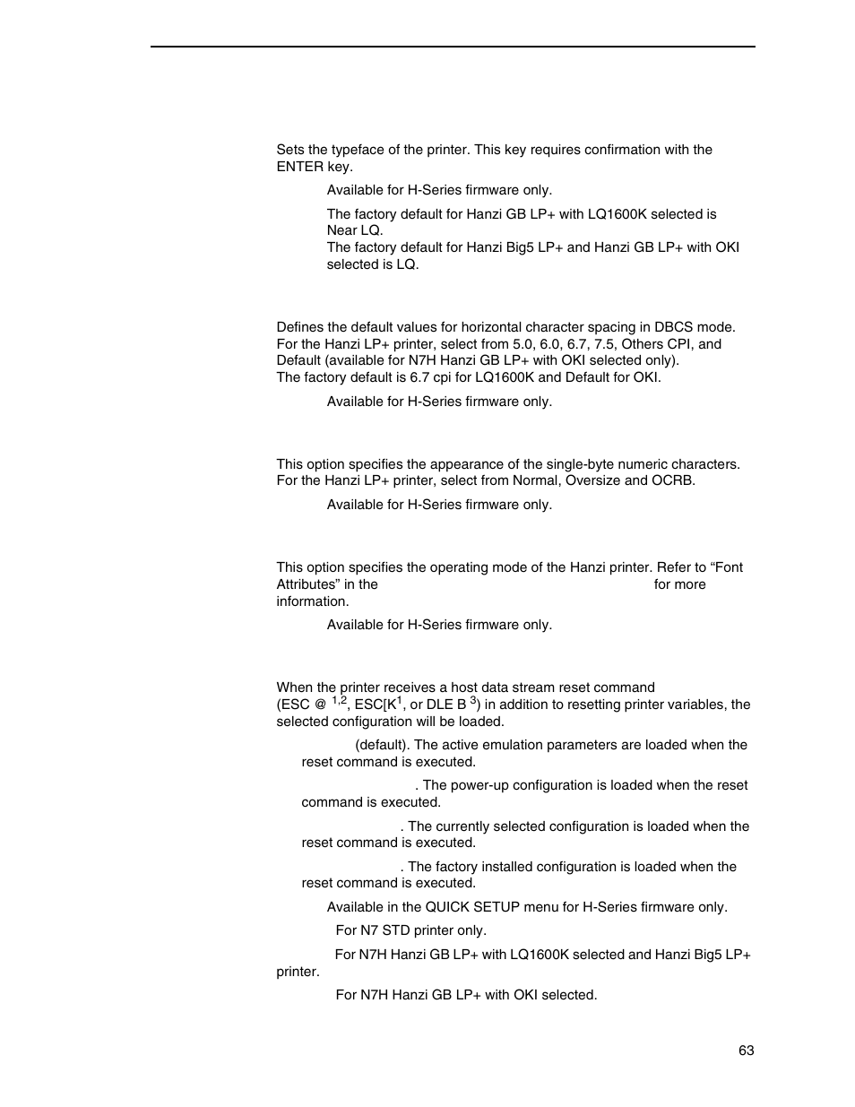 Typeface, Dbcs cpi, Dbcs ascii style | Dbcs/ascii mode, Reset cmd cfg ld | Printronix N7000 H-Series Cartridge Ribbon Printer User Manual | Page 63 / 292