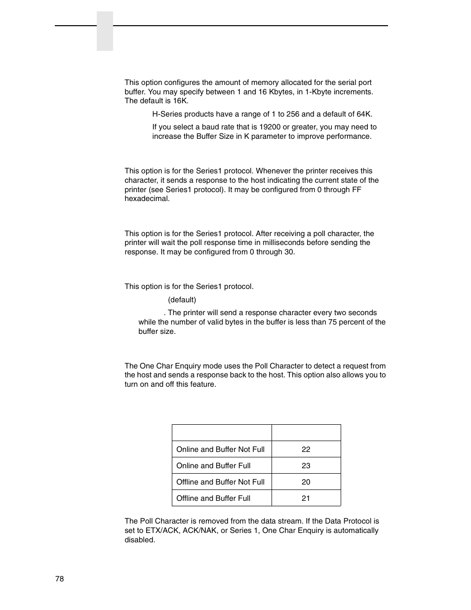 Buffer size in k, Poll character, Poll response | Idle response, One char enquiry | Printronix N7000 H-Series Cartridge Ribbon Printer User Manual | Page 78 / 292